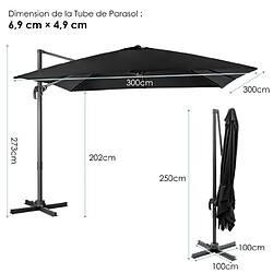 Acheter Helloshop26 Parasol déporté inclinable 3 x 3 m avec base croisée rotation à 360° manivelle 8 baleines event pour jardin terrasse noir 20_0009018