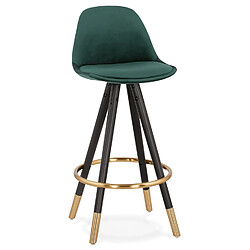 Alterego Tabouret snack mi-hauteur design 'CHICAGO MINI' en velours vert et 4 pieds en bois noir