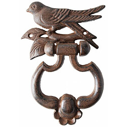 L'Héritier Du Temps Heurtoir de Porte à Fixer en Fonte Patinée Marron Antique Motif Oiseau et Feuille 4x13x18cm