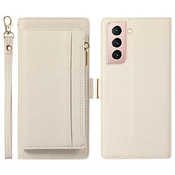 Etui en PU texture litchi, 2-en-1 magnétique, anti-chute avec pochette à fermeture éclair et sangle pour votre Samsung Galaxy S21 FE 5G - blanc