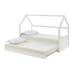 Vente-Unique Lit gigogne cabane 2 x 90 x 190 cm - Pin - Blanc + Matelas - HURRA pas cher