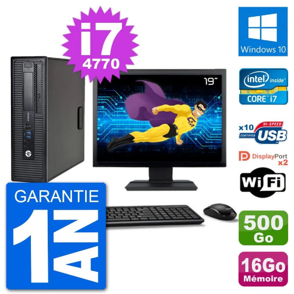 PC HP 800 G1 Ecran 19" Core i7-4770 RAM 16Go Disque 500Go Windows 10 Wifi - Occasion