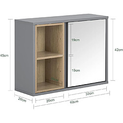 Avis SoBuy BZR149-DG Armoire Murale avec Miroir pour Salle de Bain, Placard de Rangement Suspendu, Meuble Haut Salle de Bain avec Porte et 2 Compartiments Ouverts, 60x20x45 cm, Gris