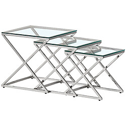 Vivenla Ensemble de 3 tables gigognes design en acier inoxydable argenté avec plateau en verre trempé transparent Collection Pesaro L. 35-40-45 x P. 35-40-45 x H. 36-41-46 cm PESARO