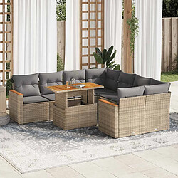 vidaXL Salon de jardin avec coussins 9 pcs beige résine tressée acacia