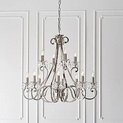 Avis Interiors 1900 Chandelier Oksana, nickel poli, pendeloques cristal, 12 éclairages