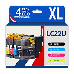 123CONSOMMABLES - LC22U - Pack 4 Cartouches d'encre Compatible Brother LC22UXL LC22U LC-22U LC-22UBK LC-22UC LC-22UM LC-22UY XL pour Brother DCP-J785DW MFC-J985DW (1 Noir / 1 Cyan / 1 Magenta / 1 Jaune)