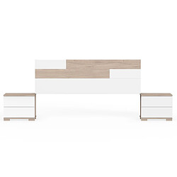 Pegane Ensemble 2 tables de chevet + tête de lit coloris effet bois / blanc - Hauteur 105 x Longueur 212 x Profondeur 36 cm