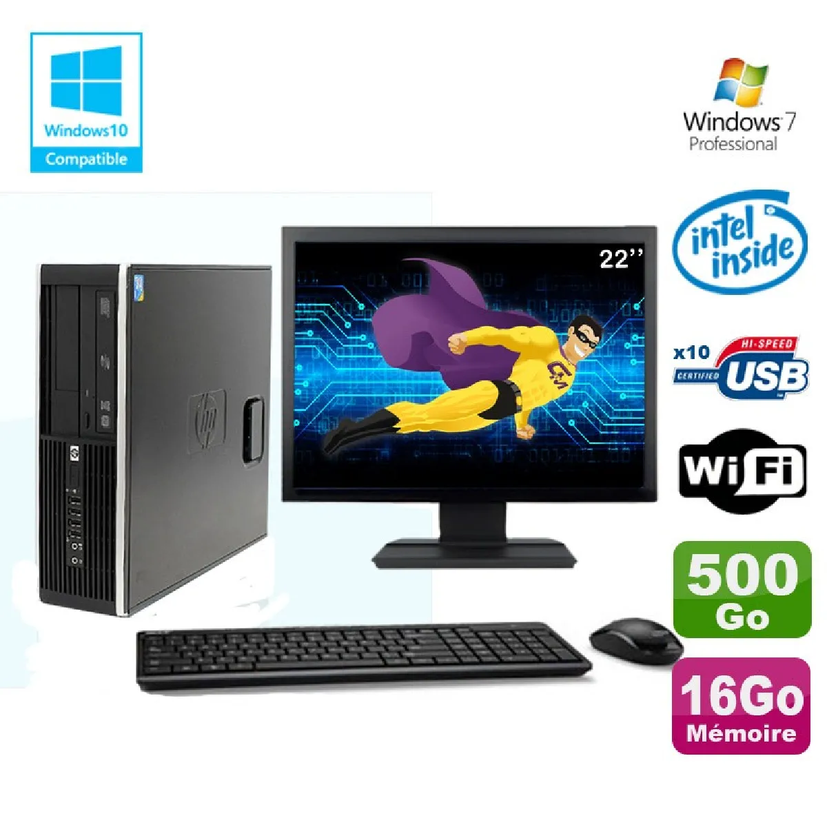 Lot PC HP Elite 8100 SFF G6950 2,8 GHz 16Go 500Go Wifi Graveur W7 Pro Ecran 22" - Occasion