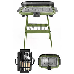 Livoo Barbecue Electrique sur Pieds ou de Table Vert 2000W + Set de 4 accessoires pour barbecue Acier inoxydable avec finition bois 