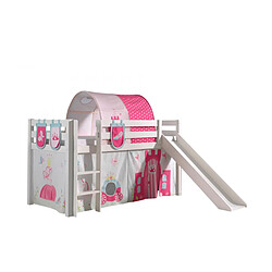 Vipack PINO Lit mezzanine avec toboggan Blanc + Rideau + tunnel de lit + pochettes Little princess 