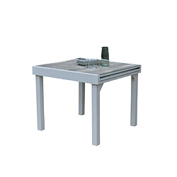 Wilsa Garden Table Modulo 4/8 personnes structure aluminium blanche, plateau en verre décors bois