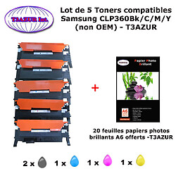 5 Toners génériques CLP-360 Bk,C,M,Y pour Samsung CLX 3300 3302 3303FW 3304 3305FN 3307FW imprimante+ 20f A6 brillantes -T3AZUR