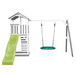 AXI Beach Tower Aire de Jeux avec Toboggan en VERT Clair, Balançoire Nid d'oiseau VERT & Bac à Sable | Grande Maison Enfant extérieur en Gris & BLANC | Cabane de Jeu en Bois FSC