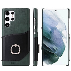 Coque en TPU + cuir véritable FIERRE SHANN avec béquille en anneau et porte-carte vert pour votre Samsung Galaxy S22 Ultra 5G