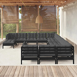 vidaXL Salon de jardin 12 pcs avec coussins Noir Bois de pin