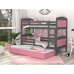 Kids Literie Lit Superposé 3 Places Mateo 90x190 Gris - rose Livré avec sommiers, tiroir et matelas en mousse de 7cm pas cher