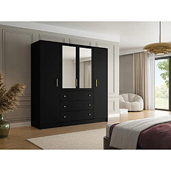 Vente-Unique Armoire 4 portes et 3 tiroirs - Avec miroirs - L196 cm - Noir - LIZANDRO