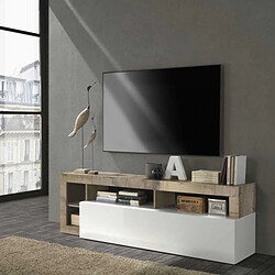 Dansmamaison Meuble TV moderne en bois 1 abattant Blanc laqué brillant/Bois fumé - POSITANO