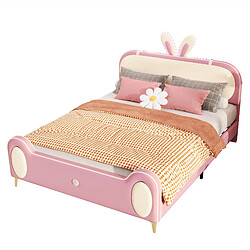 KOMHTOM Lit double enfant 140x200 cm, tête de lit lapin, bande lumineuse LED, cadre en bois massif et fer tubulaire, beige + rose