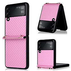 Coque en TPU + PU texture en fibre de carbone avec lanière rose pour votre Samsung Galaxy Z Flip3 5G