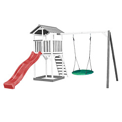 AXI Beach Tower Aire de Jeux avec Toboggan en Rouge, Balançoire Nid d'oiseau VERT & Bac à Sable | Grande Maison Enfant extérieur en Gris & BLANC | Cabane de Jeu en Bois FSC