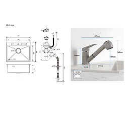 Acheter Auralum MAX Évier Cuisine 1 Bac Acier Inoxydable Noir 65x45CM,encastré/à Poser+Robinet Cuisine avec Douchette Extractible 2 Jets,Eau Froide et Chaude,Gris