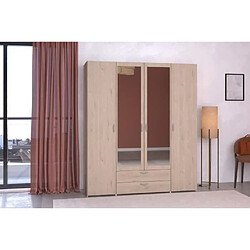 PARISOT Armoire VARIA - Décor chene - 4 portes - 2 tiroirs - Portes centrales avec miroirs - 159,9 x 185 x 51,7