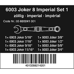 Wera 05020241001 6003 Joker 8 Imperial Set 1 Jeu de clés mixtes 11 pièces 1/2 - 11/16