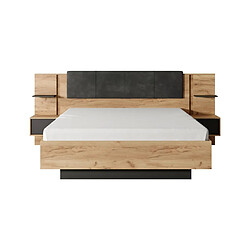 Vente-Unique Lit avec chevets 160 x 200 cm - Avec LEDs - Coloris : Naturel et anthracite + Sommier + Matelas - ELYNIA pas cher