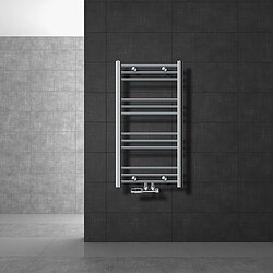 LuxeBath Radiateur de salle de bain Sahara 500x800 mm, chrome, courbé, raccord central y compris garniture de raccordement avec thermostat forme d'angle raccord mural