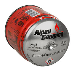 Cartouche de gaz 400 ml Alpen Camping. certificat : Pi 0437, conforme EN417, propane-butane, plage -10°C à +40°C, système GAS STOP IK006