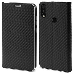 Moozy Étui Portefeuille pour Huawei Y6 2019, Carbone Noir - Protection des Bords Métalliques Fermeture Magnétique Flip Cover avec Porte-Cartes