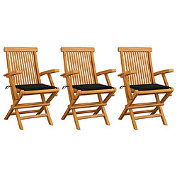 vidaXL Chaises de jardin avec coussins noir lot de 3 Bois teck massif