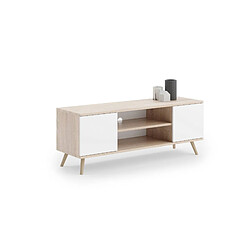 Alter Meuble TV avec 2 portes et 1 étagère centrale, Buffet avec pieds, Buffet de salon style scandinave, 155x40h50 cm, coloris Blanc et Chêne