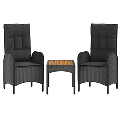 vidaXL Salon de jardin 3 pcs avec coussins Noir Résine tressée