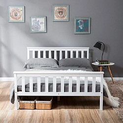 RAVAS Lit double lit en bois 140 x 200 cm Lit en bois massif avec sommiers à lattes, lit en pin pour adultes, enfants, ados, blanc