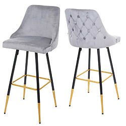 Decoshop26 2x tabourets de bar comptoir chaise haute pieds dorés en velours design rétro gris dossier capitonné 04_0000493