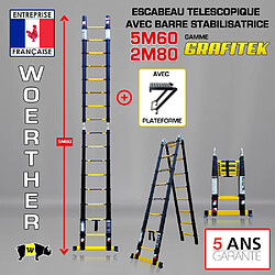 Escabeau-échelle télescopique Woerther 5m60/2m80 Double barre stabilisatrices - Plus plateforme - Qualité supérieure - Garantie 5 ans