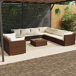 vidaXL Salon de jardin 10 pcs avec coussins marron résine tressée