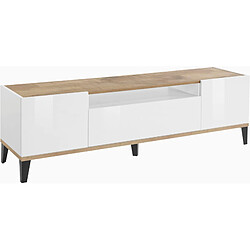 Alter Meuble TV de salon, Made in Italy, meuble TV avec 2 portes et 1 tiroir, cm 160x40h47, blanc brillant et érable