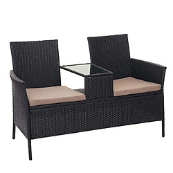 Decoshop26 Banc en polyrotin avec table fauteuils chaises de jardin 132cm noir coussin crème 04_0001137