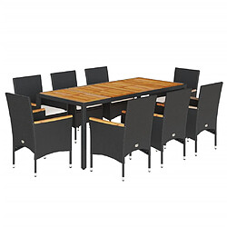 vidaXL Ensemble à manger de jardin et coussins 9 pcs noir rotin acacia