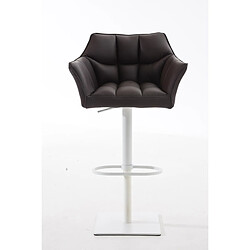 Decoshop26 Tabouret de bar chaise haute de comptoir couture carrées assise en PVC marron cadre carré en métal blanc 10_0004736