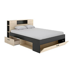 Acheter Vente-Unique Lit avec tête de lit rangements et tiroirs - 140 x 190 cm - Coloris : Naturel et anthracite + Sommier + Matelas - LEANDRE