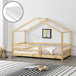 Lit Cabane Knätten avec Grille de Protection et Matelas Mousse à Froid 200 x 90 cm Naturel [en.casa]