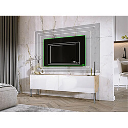 3XELIVING Meuble TV en couleur Chêne wotan / Blanc Brillant avec pieds droits en chrome, D: l : 140 cm, H : 52 cm, P : 32 cm pas cher