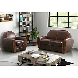 Vente-Unique Canapé et fauteuil club BAUDOIN 100% cuir vieilli - Marron