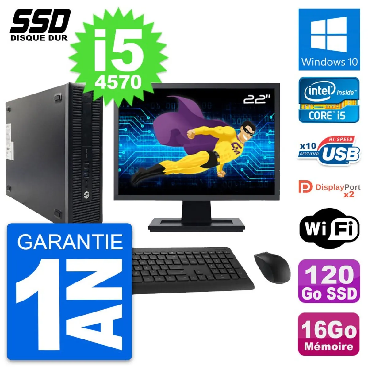 PC HP 600 G1 SFF Ecran 22" Intel Core i5-4570 RAM 16Go SSD 120Go Windows 10 Wifi - Occasion