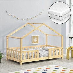 Lit d'enfant Treviolo Forme Maison avec Matelas Orthopédique 140 x 70 cm Bois Naturel [en.casa]